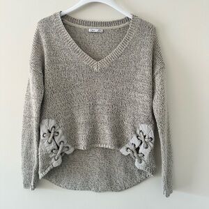 Dex Gray V-Neck Sweater with Lace-Up Accents